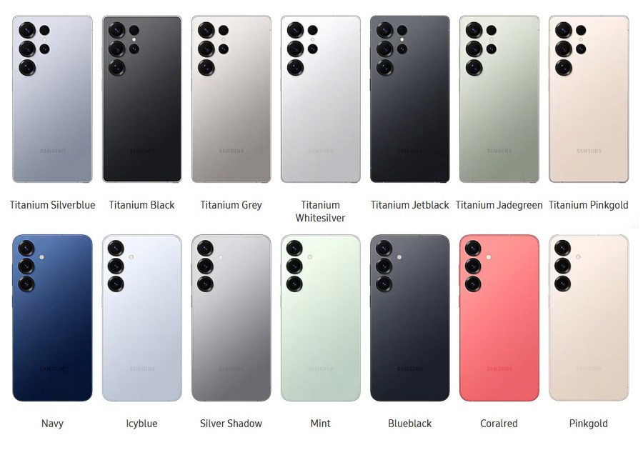 Top row: S25 Ultra colours. Bottom row: S25 Plus colours. Image Samsung