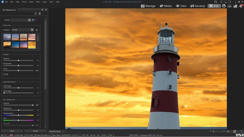 ACDSee Photo Studio 2025 Ultimate screenshot showing sky masking