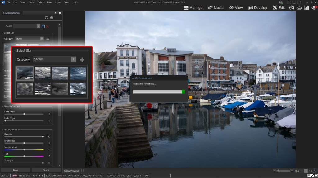 ACDSee Photo Studio 2025 Ultimate screenshot showing the AI sky replacement process