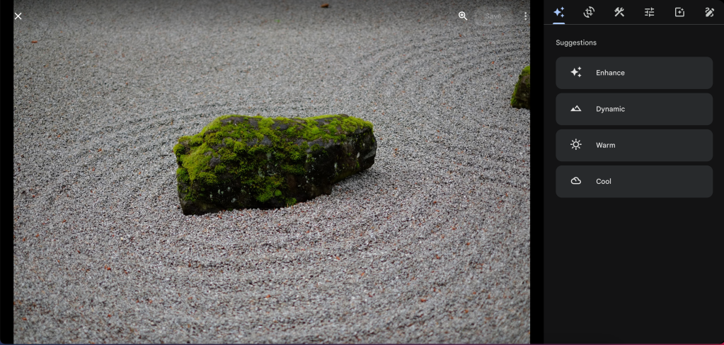A screenshot of the Google Photos editing interface, showing suggested image enhancements on a photograph of a stone garden