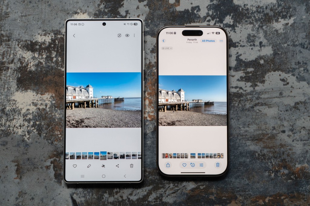 The Samsung Galaxy S25 Ultra next to the iPhone 16 Pro with the screens switched on, showing images taken on the devices