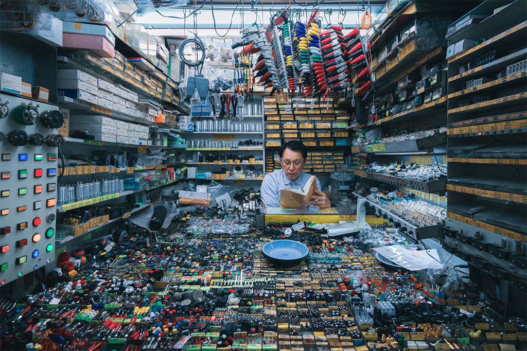 street vendor selling electronic parts in Akihabara, once Japan's largest electronics town following a period of rapid economic growth in the late 1950s