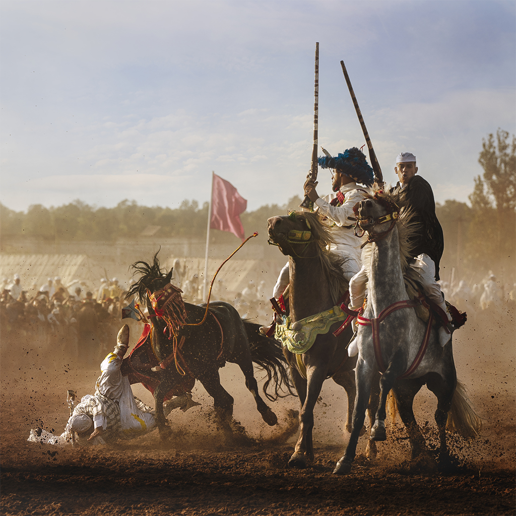 danger and excitement of the moment a rider is thrown from their mount during a ‘tbourida,’ a traditional Moroccan equestrian performance open category winner