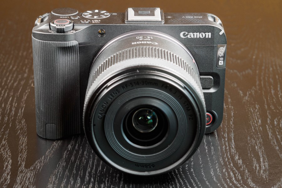 Canon EOS R50 V with 14-30mm lens, front view