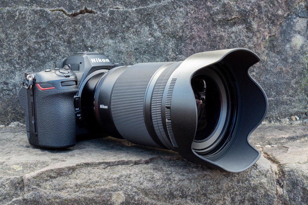 The Nikon Nikkor Z 35mm f/1.2 S Lens with the lens hood attached