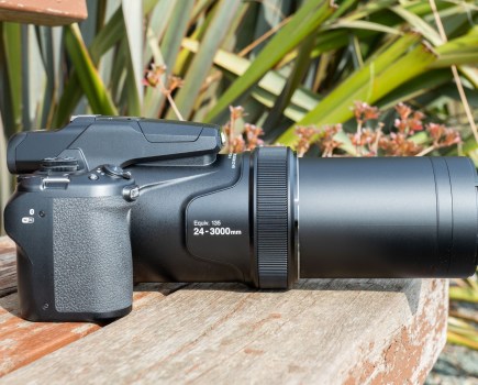 A side view of the Nikon P1100, with its lens fully extended