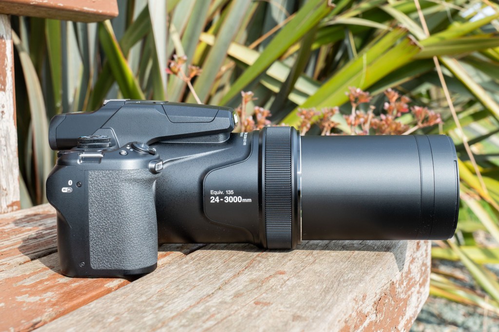 A side view of the Nikon P1100, with its lens fully extended