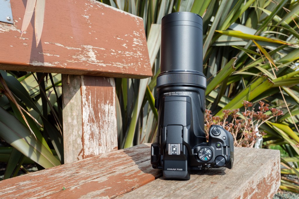 A top view of the Nikon P1100, with its lens fully extended