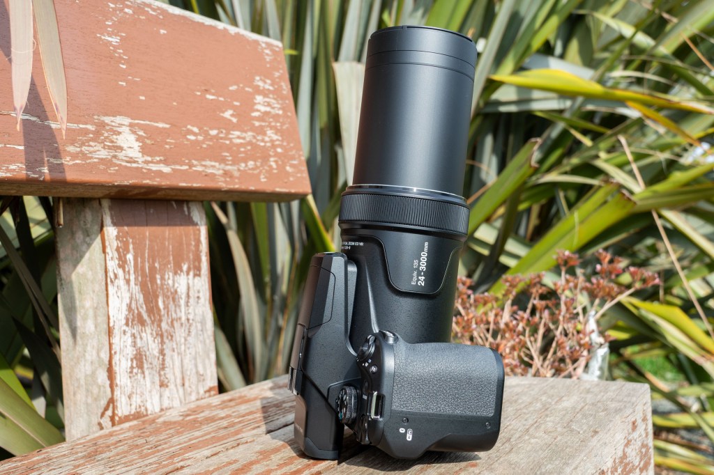 A side view of the Nikon P1100, with its lens fully extended