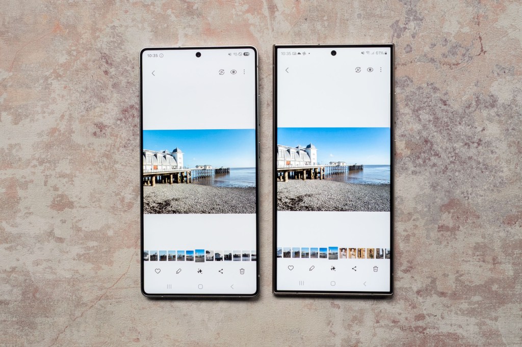 The screens of the Samsung Galaxy S25 Ultra and the Samsung Galaxy S24 Ultra showing images taken with the cameras