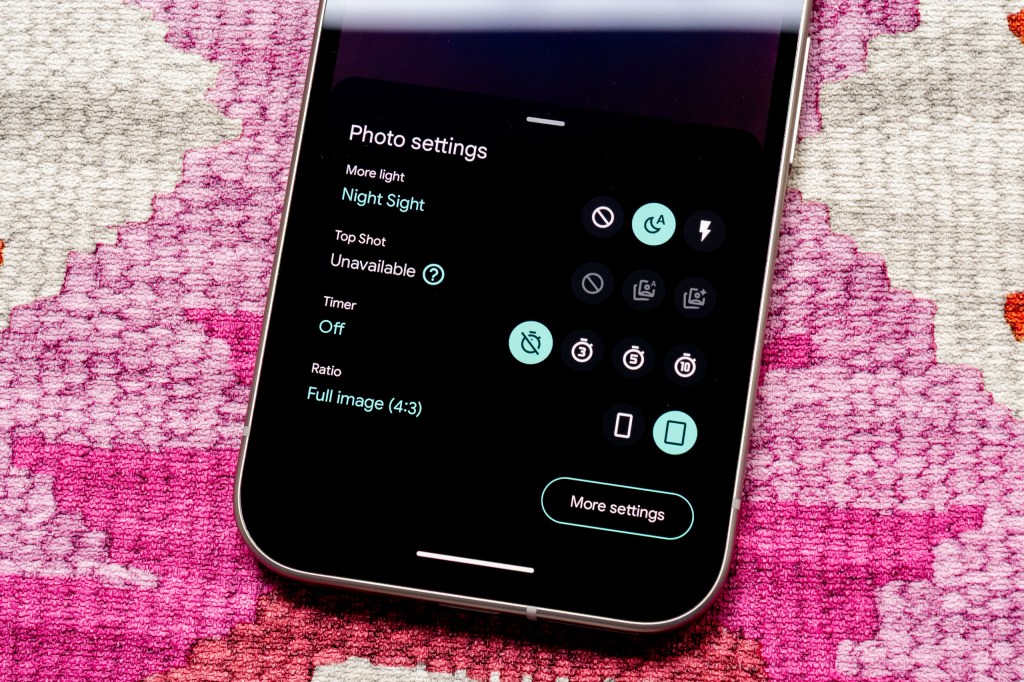 The Google Pixel 9a showing some of the camera settings on screen
