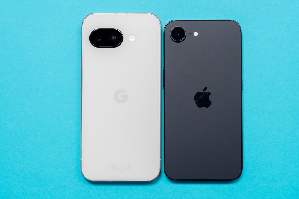 Google Pixel 9a (left) next to the iPhone 16e