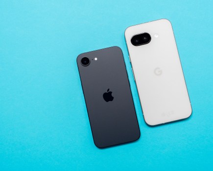 Google Pixel 9a (right) next to the iPhone 16e