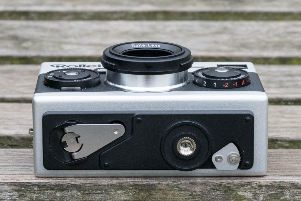Rollei 35AF bottom view, showing rewind lever and baseplate catch