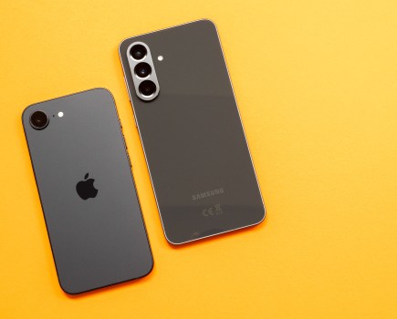 The iPhone 16e (left) next to the Samsung Galaxy A56 (right)