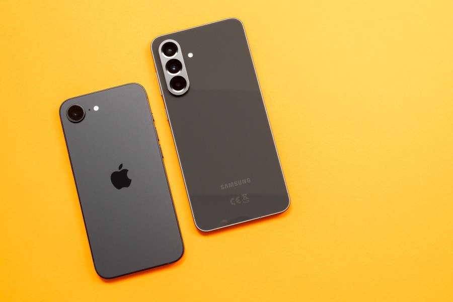 The iPhone 16e (left) next to the Samsung Galaxy A56 (right)