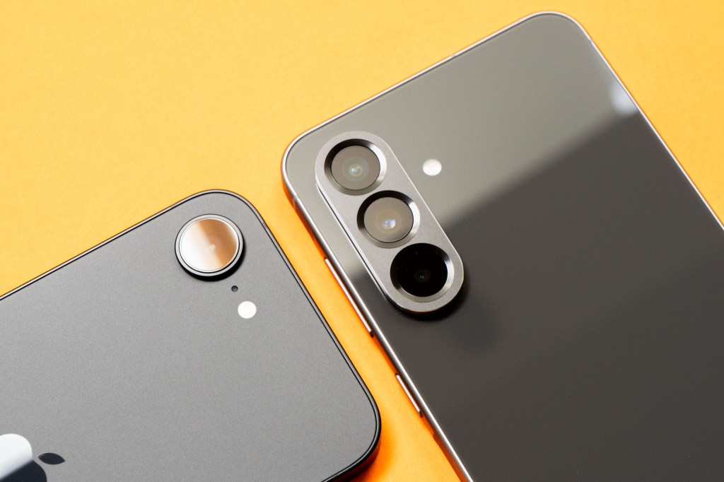 A closer look at the camera units of the iPhone 16e (left) and the Samsung Galaxy A56 (right)