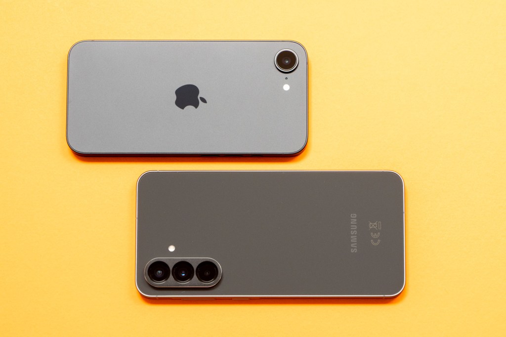 The iPhone 16e above the Samsung Galaxy A56