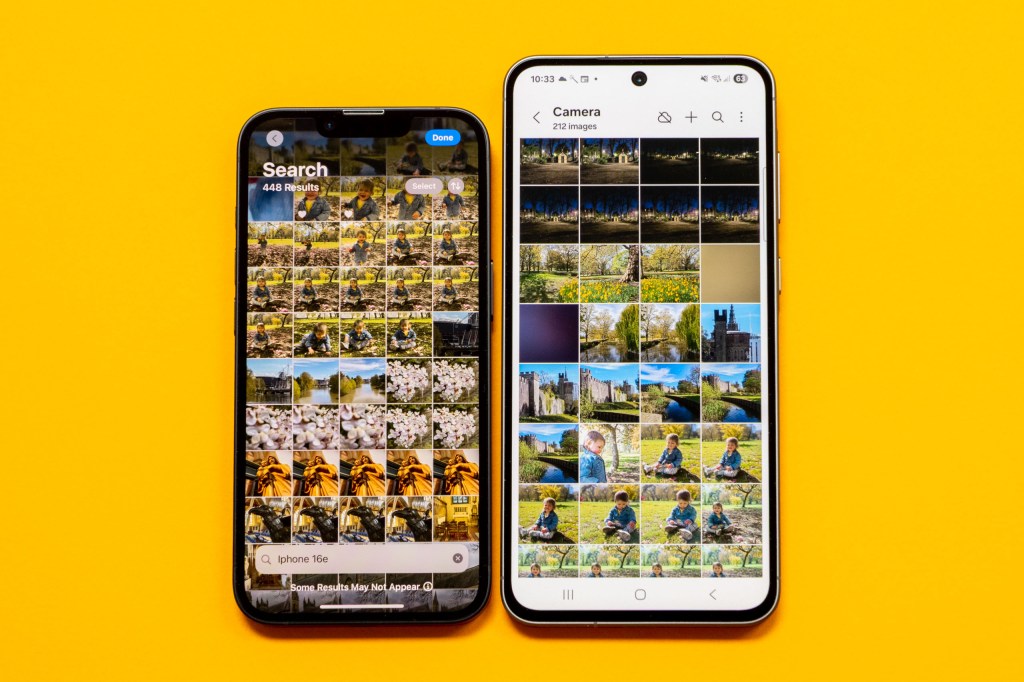 The iPhone 16e and the Samsung Galaxy A56 with their screens showing the image gallery