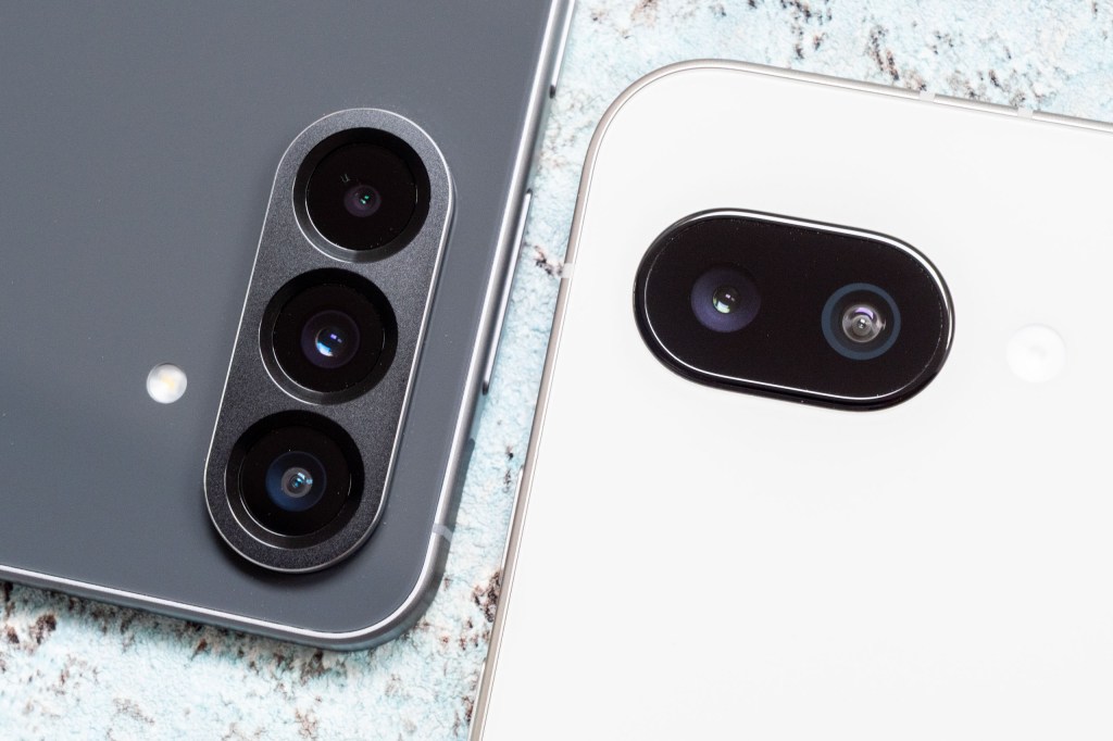 The camera units of the Samsung Galaxy A56 (left) and the Google Pixel 9a (right)
