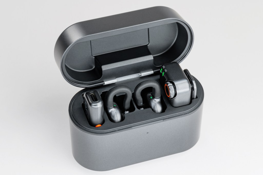 Hollyland Lark M2S transmitter and receivers in charging case. 