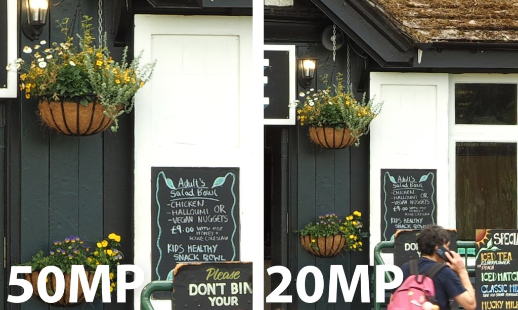 100% crop - 50MP image on the left, 20MP on the right. Click to view full-size.