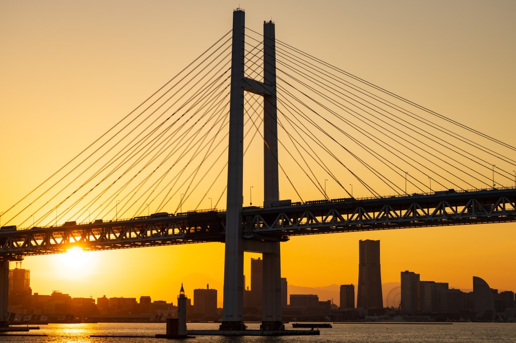 Sigma 16-300mm sample: Yokohama Bay Bridge at sunset. 