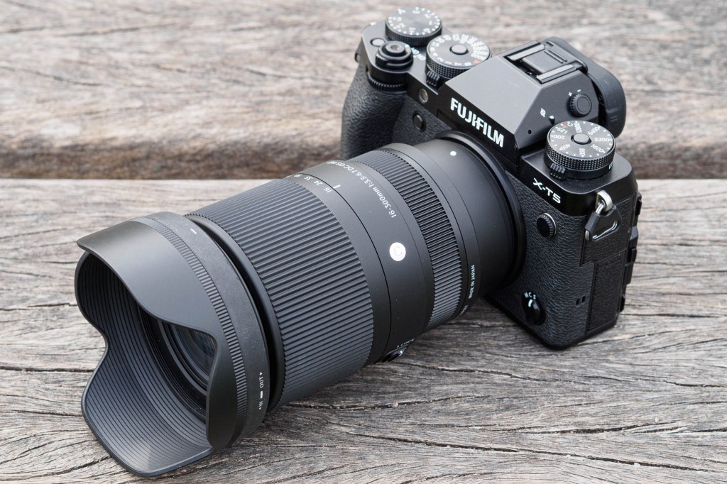 Sigma 16-300mm F3.5-6.7 DC DN with lens hood fitted on Fujifilm X-T5.
