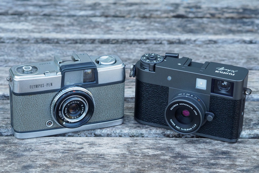 Olympus PEN 35mm half-frame camera alongside Fujifilm X half