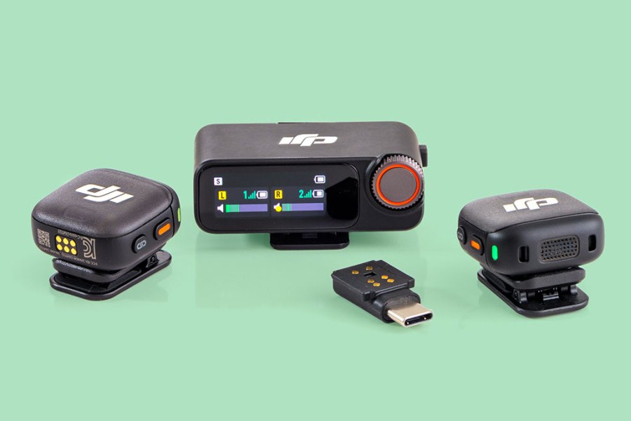 DJI Mic 3 kit with two transmitters, receiver, and USB-C adapter