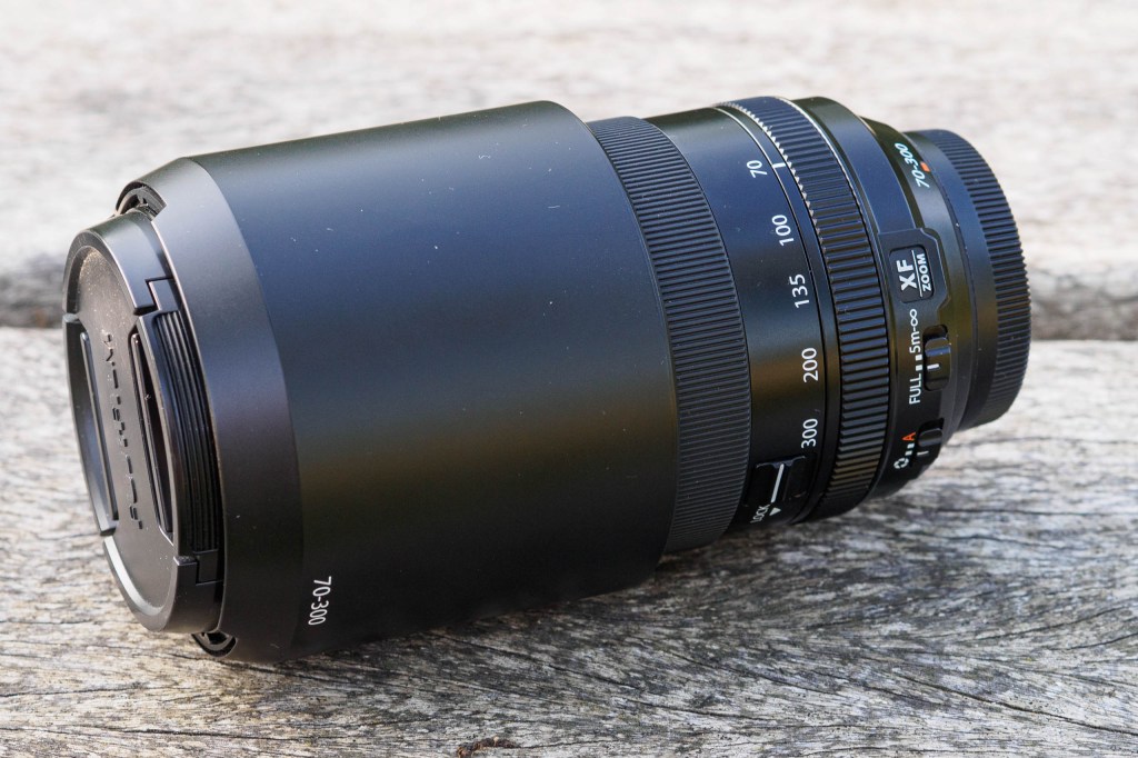 Fujifilm XF 70-300mm F4-5.6 R LM OIS WR with caps and hood reversed
