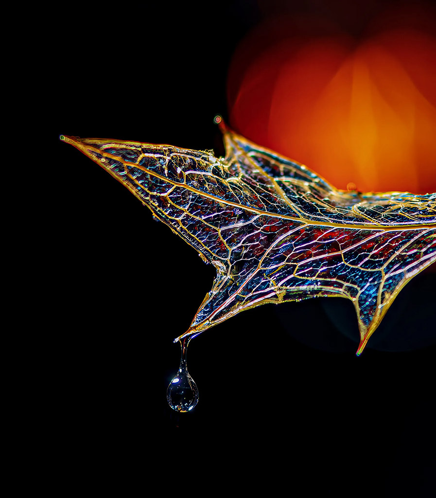 water droplet hanging of a translucent leaf