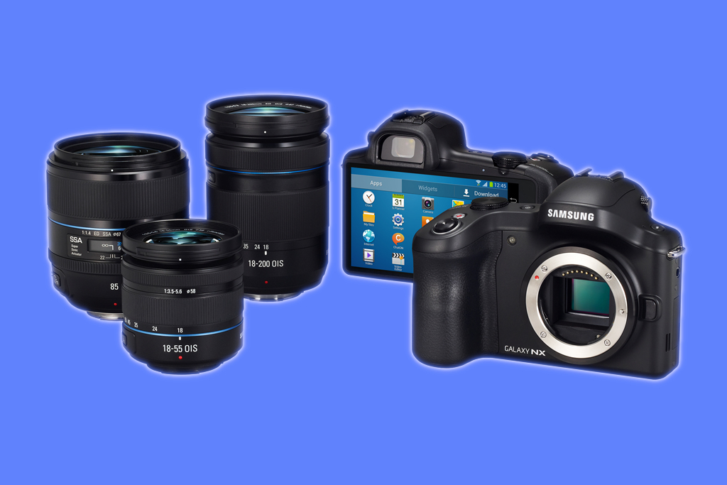 Samsung Galaxy NX Android camera front and rear views, with lenses