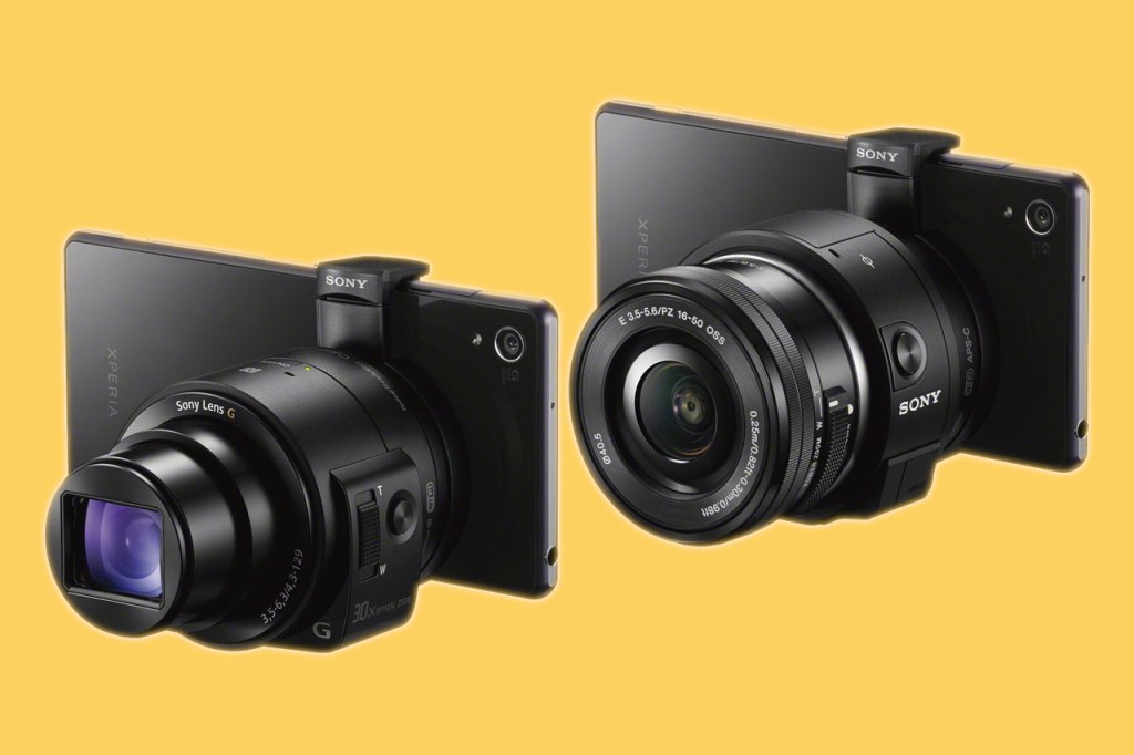 Sony QX cameras clipped onto smartphones