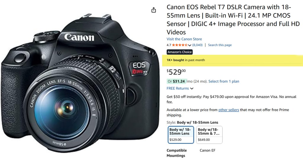 Canon Rebel T7 (2000D) DSLR selling thousands on Amazon US. Image: Amazon