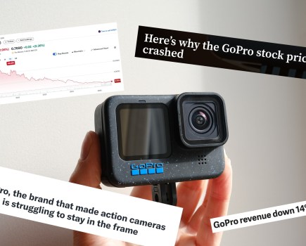 Photograph of a GoPro Hero camera overlaid with screeencaps of headlines and graphs showing GoPro financial trouble, falling stock price etc