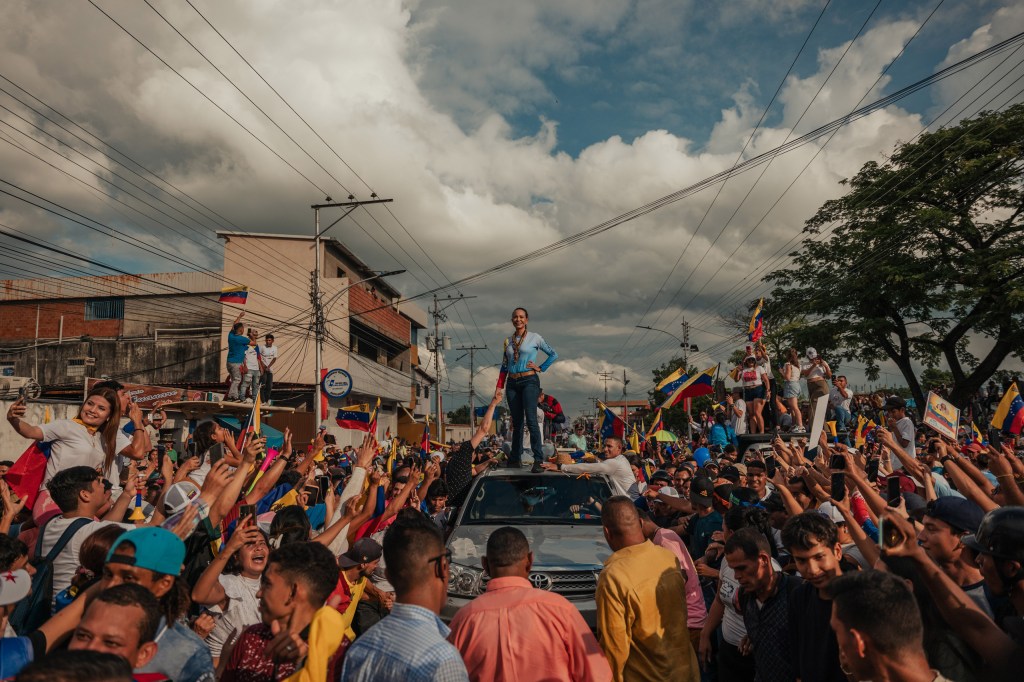 GUANARE, VENEZUELA - JULY 17, 2024: Opposition leader, Maria Corina Machado, greets thousands od supporters during a presidential rally in support of Edmundo Gonzalez Urrutia. Mrs Machado was banned from running as a candidate. Image Credit: Adriana Loureiro Fernández SINGLE USE ONLY