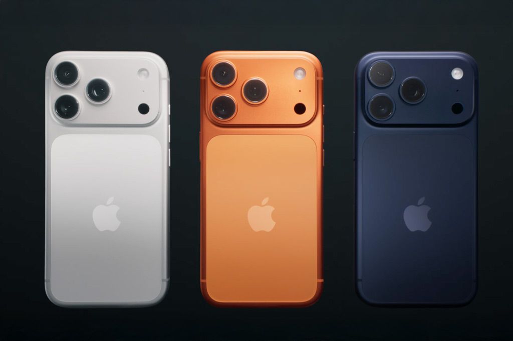IPhone 17 Pro range in white, orange and dark blue, rear view with cameras visible
