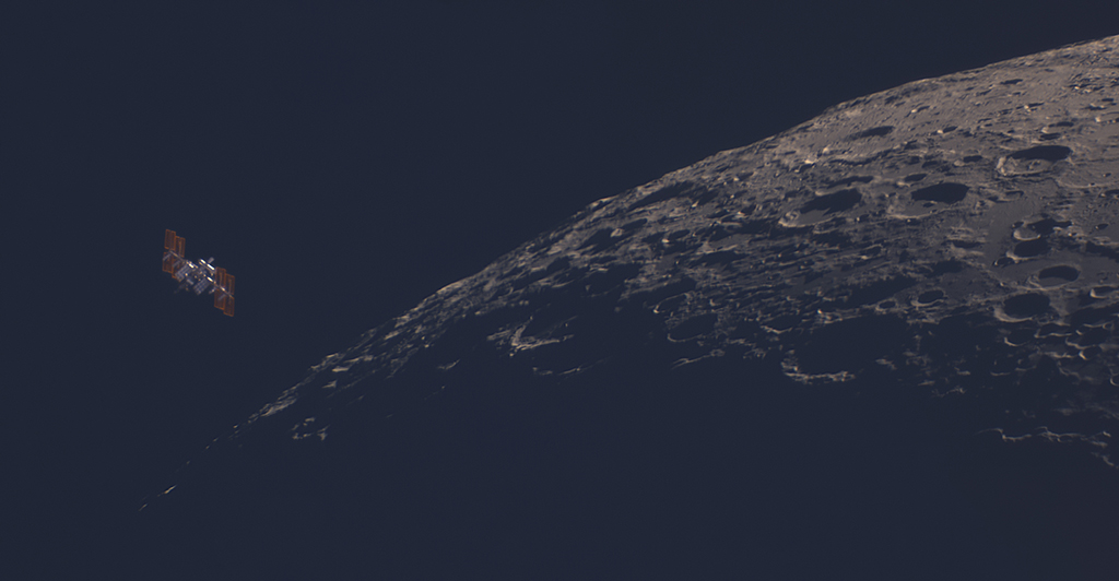 This image shows the International Space Station making a close pass of our Moon. 