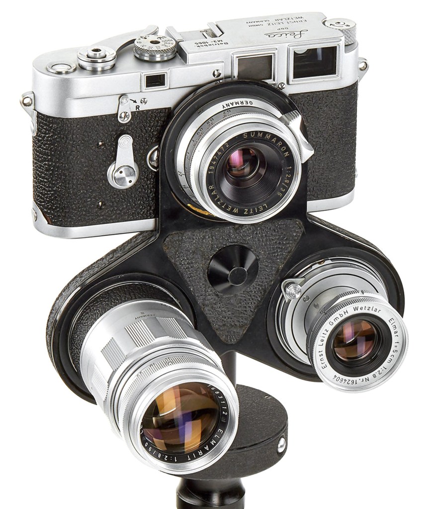 Leica M3 Betriebskamera with a three-lens turret, made for internal use in the Leitz factory (Picture courtesy of Leitz Auction, Vienna)