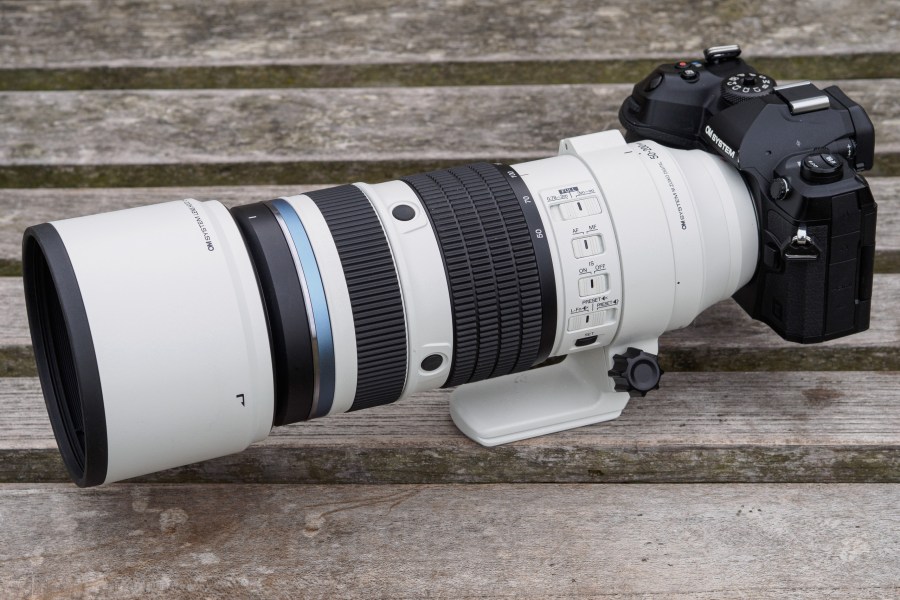 OM System 50-200mm F2.8 IS Pro with hood attached on OM-1 Mark II