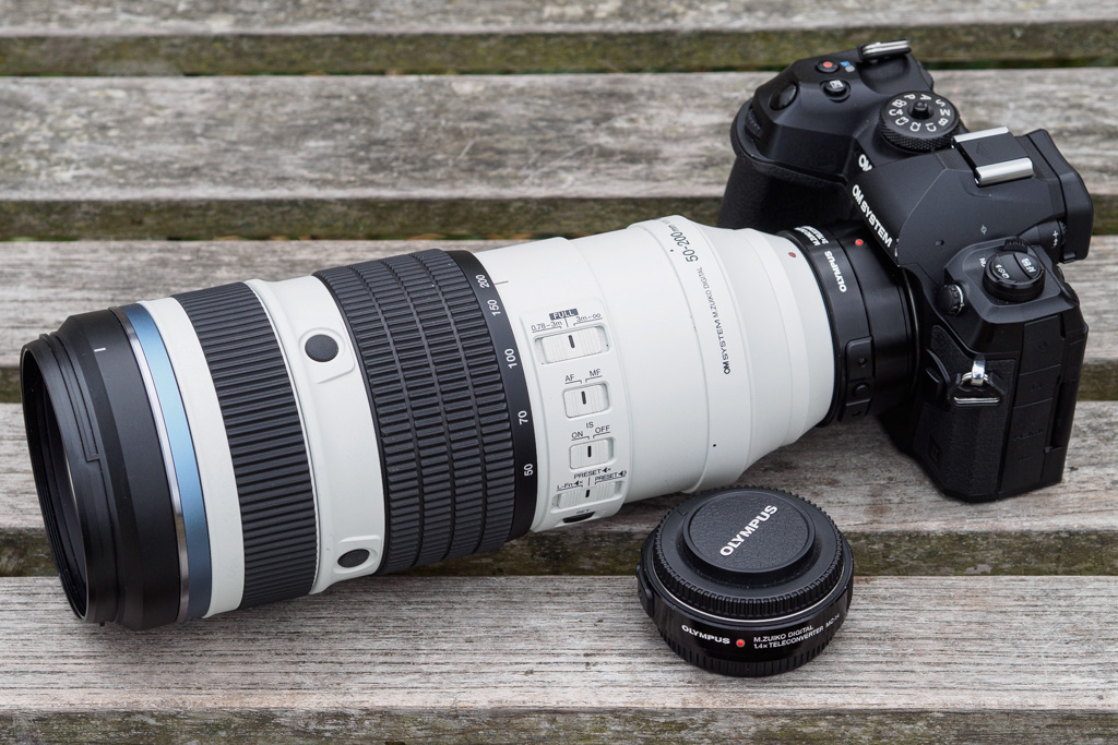 OM System 50-200mm F2.8 IS Pro with MC-20 on OM-1 II, plus MC-14 alongside.