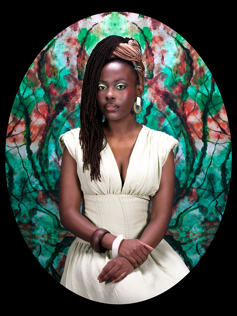 portrait of a woman in cream against a green background