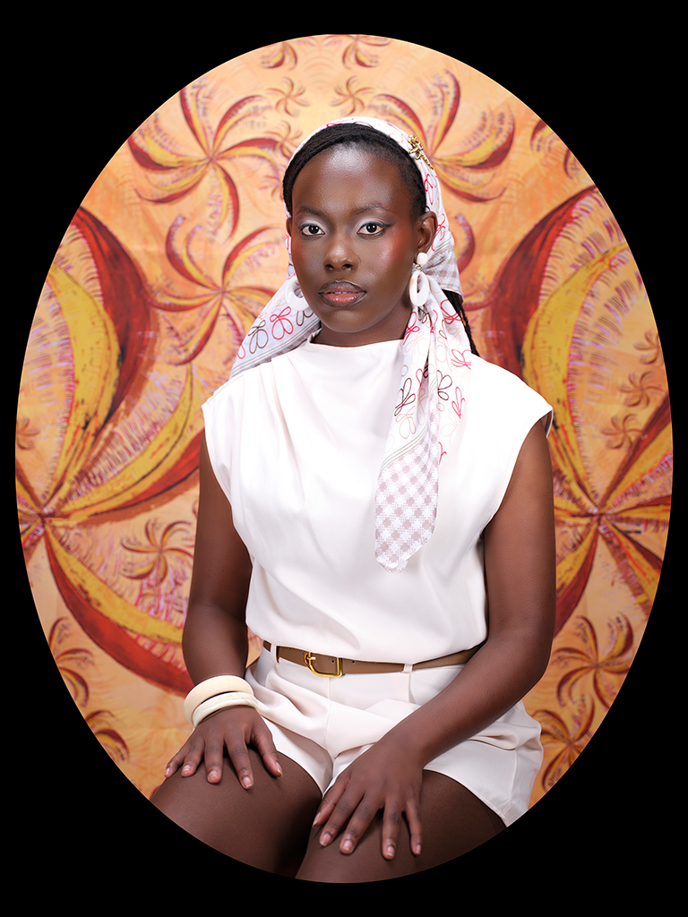portrait of a woman against an orange banground