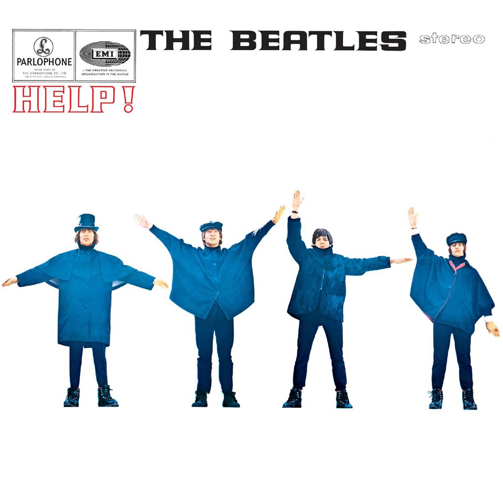 The idea for Robert Freeman’s photograph for the cover of Help! was to spell out the word HELP in semaphore but it didn’t look good. The actual poses spell out NUJV. Copyright Robert Freeman/Apple Corps. SINGLE USE