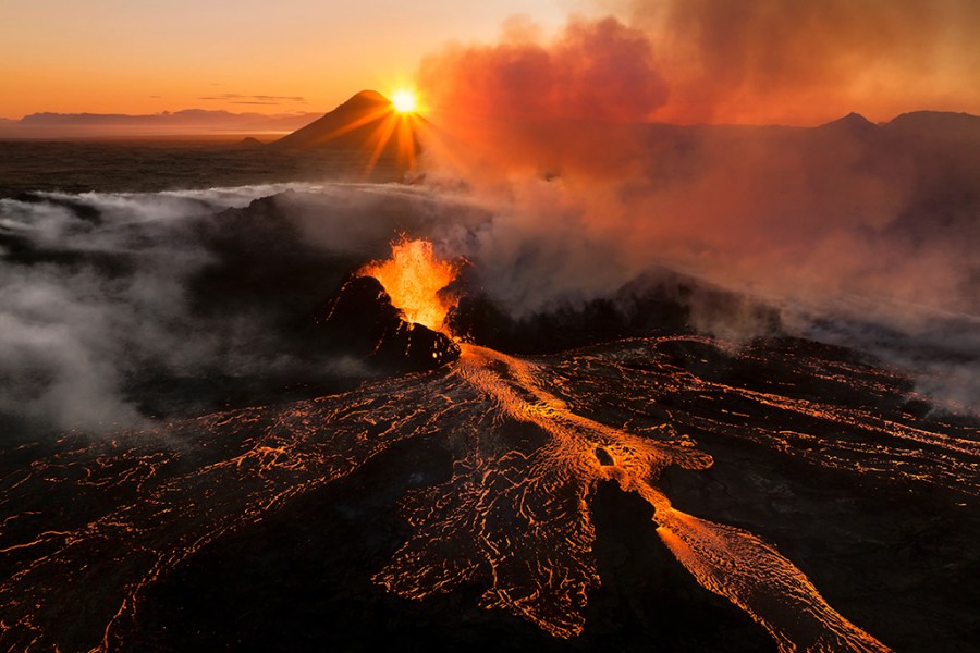 volcano eruption aerial shot