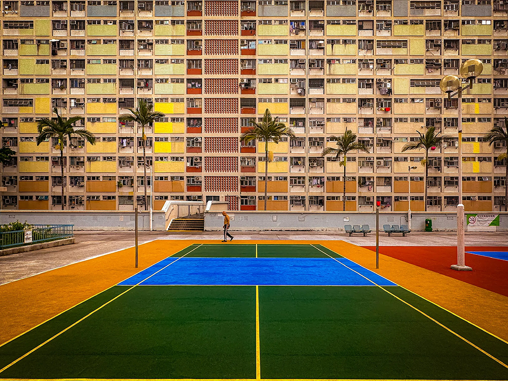 hong kong estate with colourful sports court