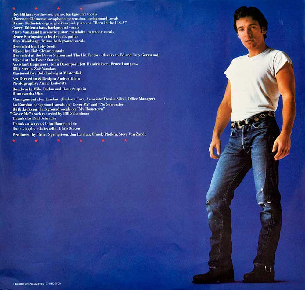 A full length colour portrait of Bruce Springsteen featured on the inner sleeve credits of Born in the U.S.A. SINGLE USE ONLY. Copyright: Columbia Records/Annie-Leibovitz 