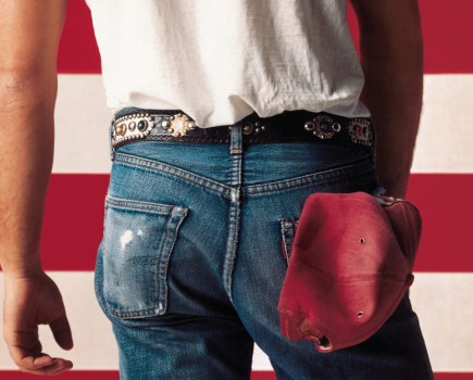 The Born in the U.S.A. album cover was shot with Bruce Springsteen standing in front of a 25 feet version of the US flag. SINGLE USE ONLY. Copyright: Columbia Records/Annie Leibovitz