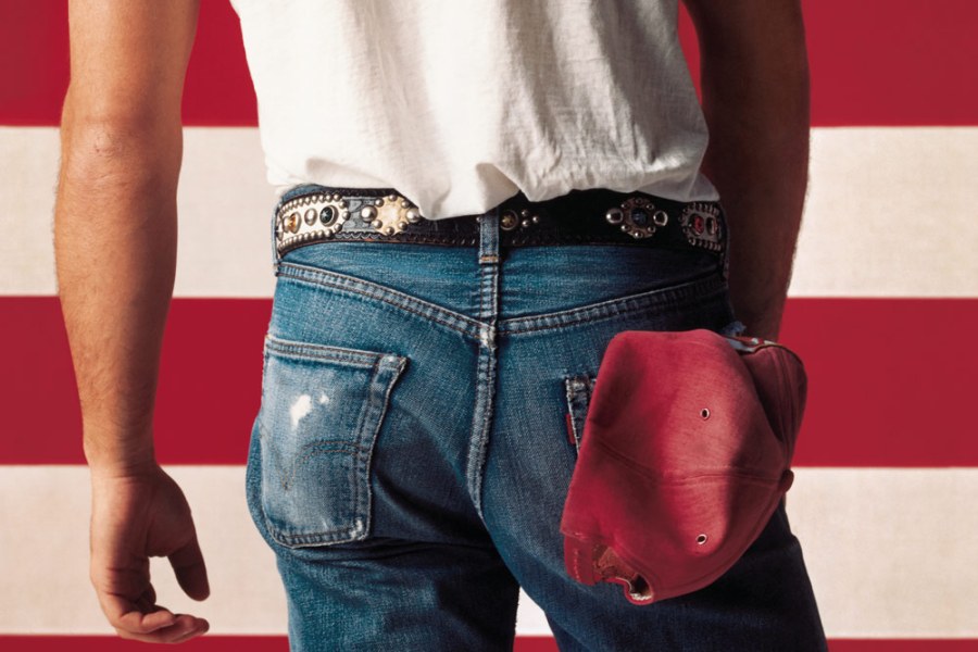 The Born in the U.S.A. album cover was shot with Bruce Springsteen standing in front of a 25 feet version of the US flag. SINGLE USE ONLY. Copyright: Columbia Records/Annie Leibovitz